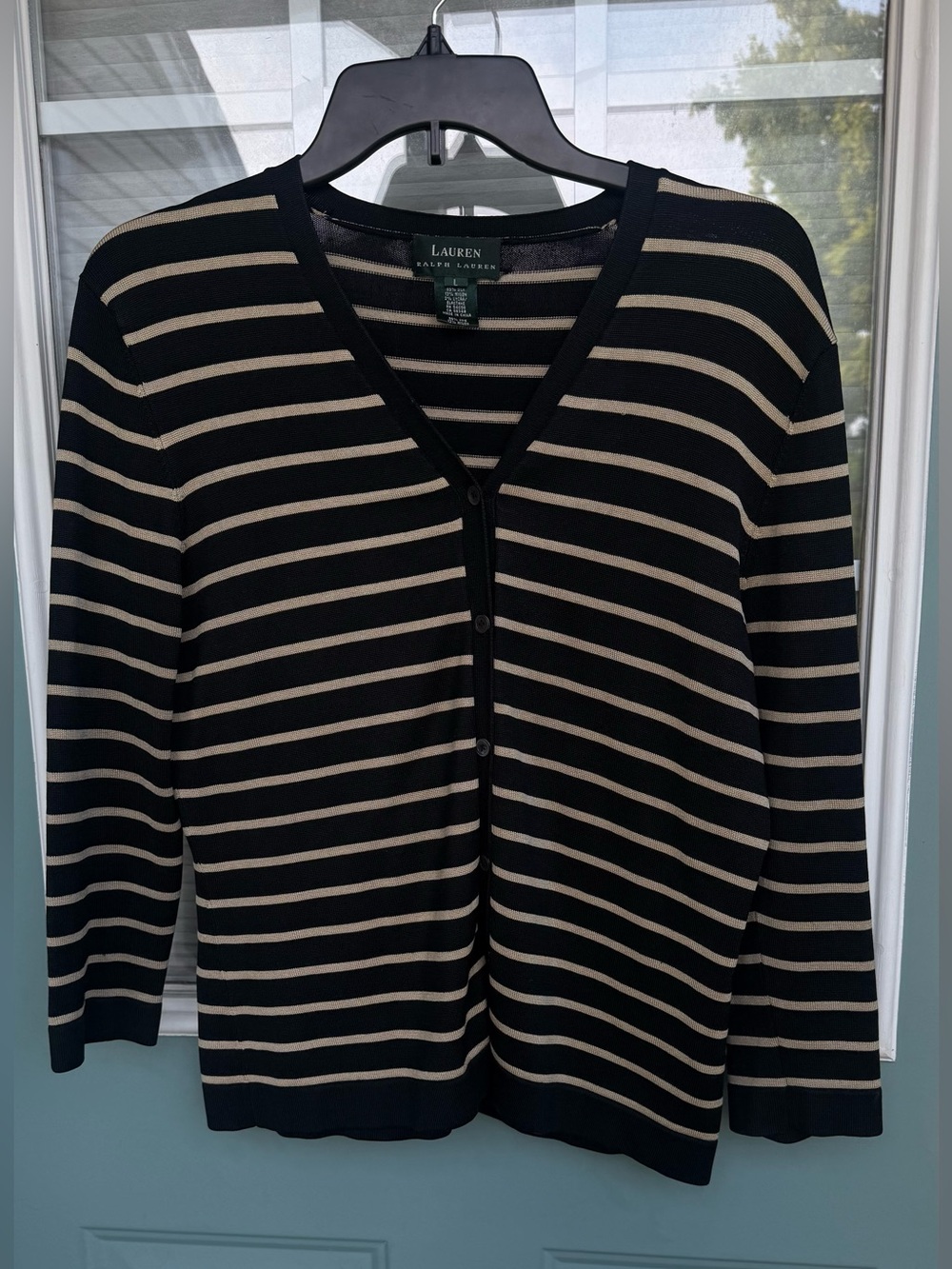 Lauren Ralph Lauren Silk Blend Striped Cardigan Sweater Women’s L Black And Tan